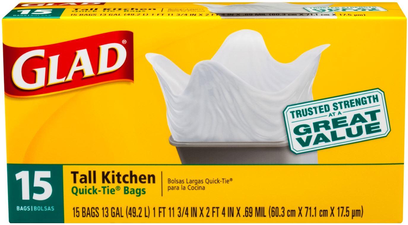 Glad Quick Tie Tall Kitchen Trash Bag, 13 Gallon, 15 Count -- 12 Per Case