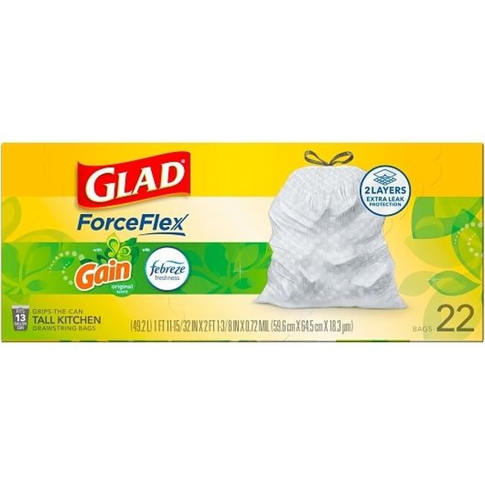Glad Original With Febreze Forceflex Tall Kitchen Drawstring Trash Bags, 22 Count -- 6 Per Case