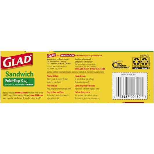 Glad Fold Top Food Storage Sandwich Bag, 180 Count -- 12 Per Case