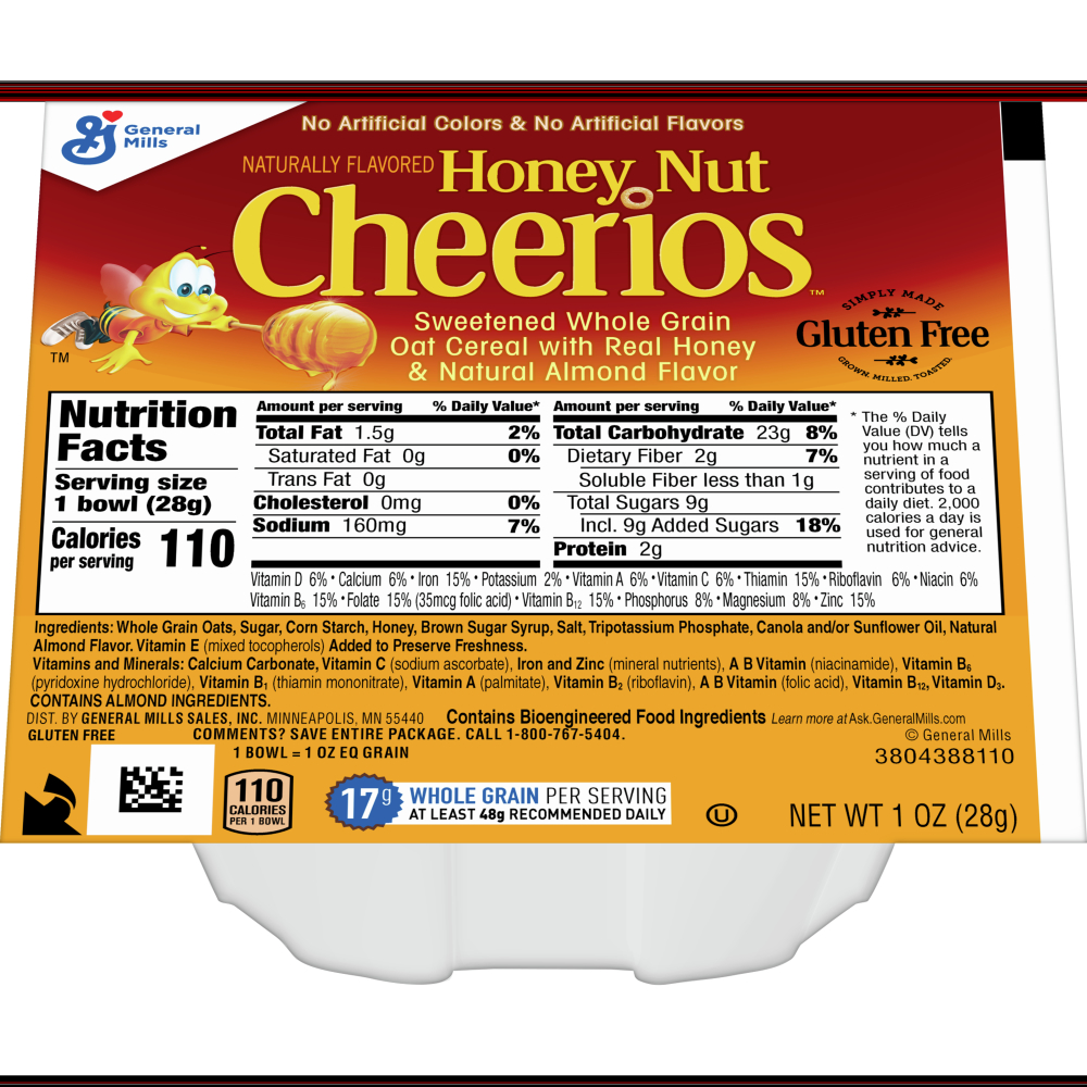 General Mills Honey Nut Cheerios Cereal, Bowl Pak, 1 Ounce -- 96 per case.