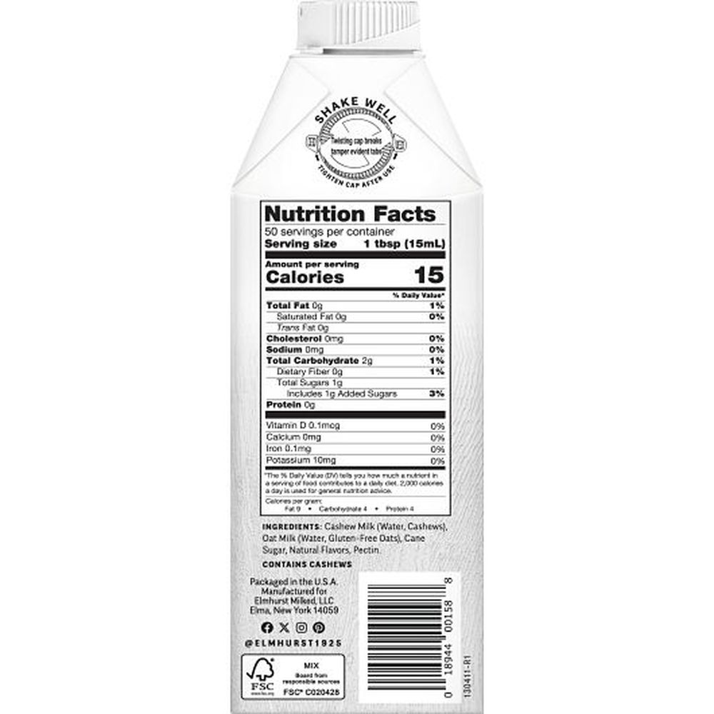 Elmhurst Dairy Free Sweet Cream Cashew Creamer, 25.4 Fluid Ounce -- 6 per case