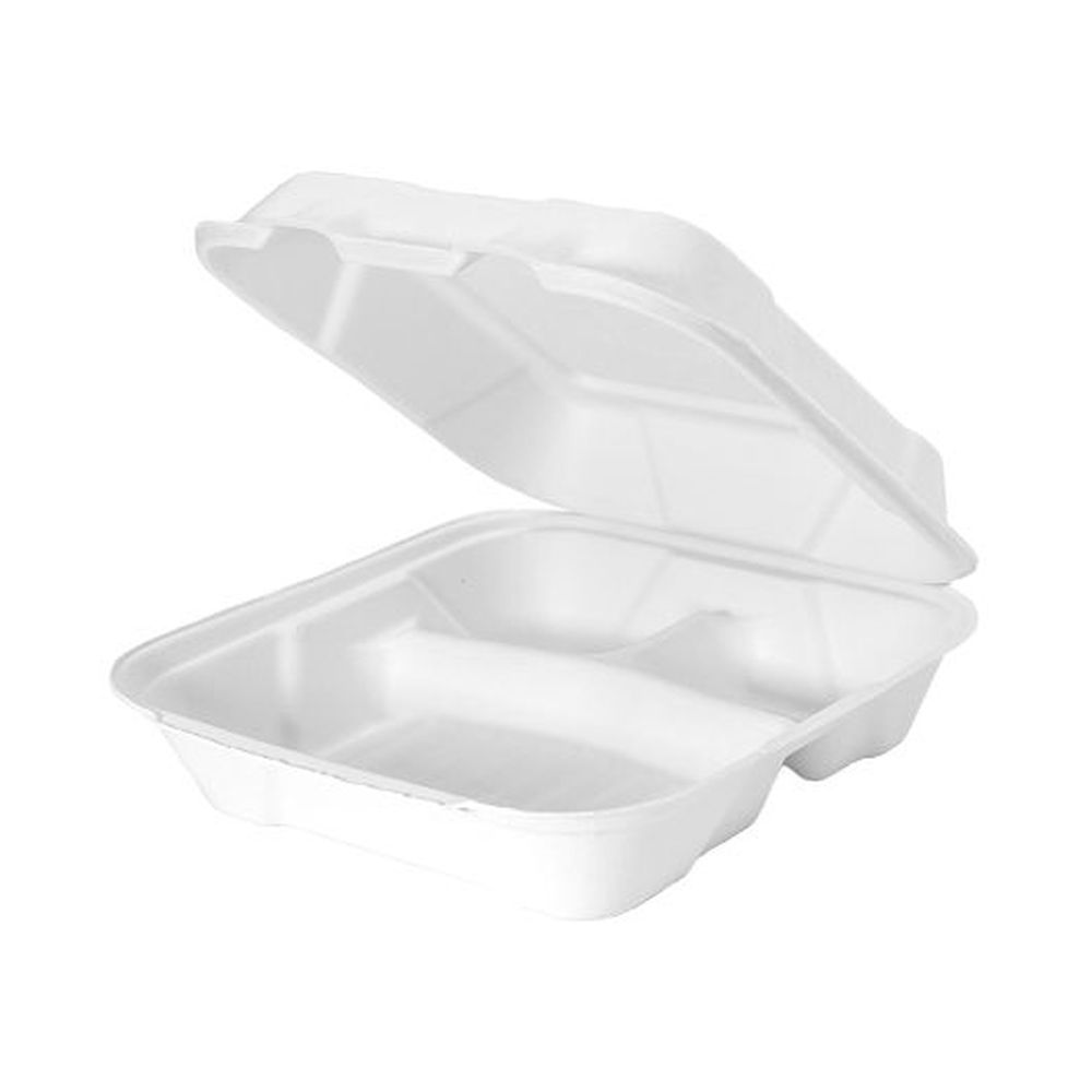 Genpak Natural White Molded Fiber Three-Compartment Square Hinged Container, 50 count - 4 per case