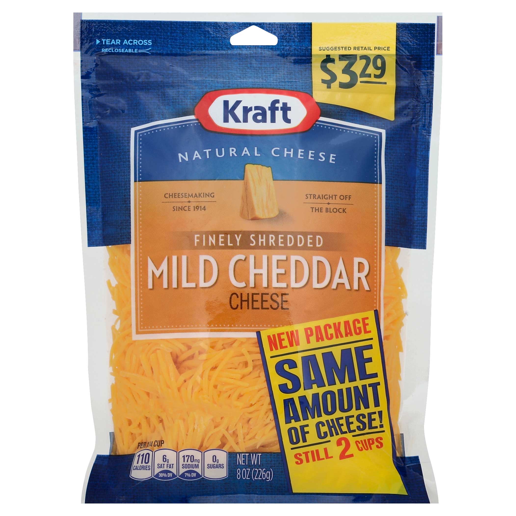 Kraft Shredded Mild Cheddar Cheese, 8 Ounce -- 12 per case.