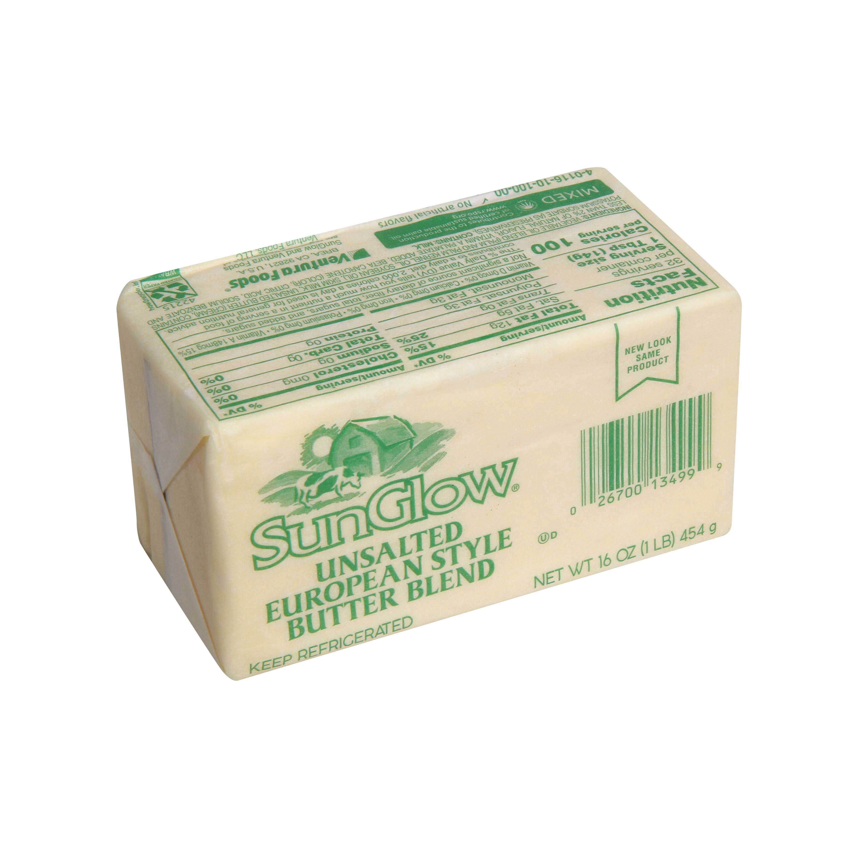 Sun Glow Unsalted European Style Butter Blend, 1 Pound per Brick -- 36 per  case