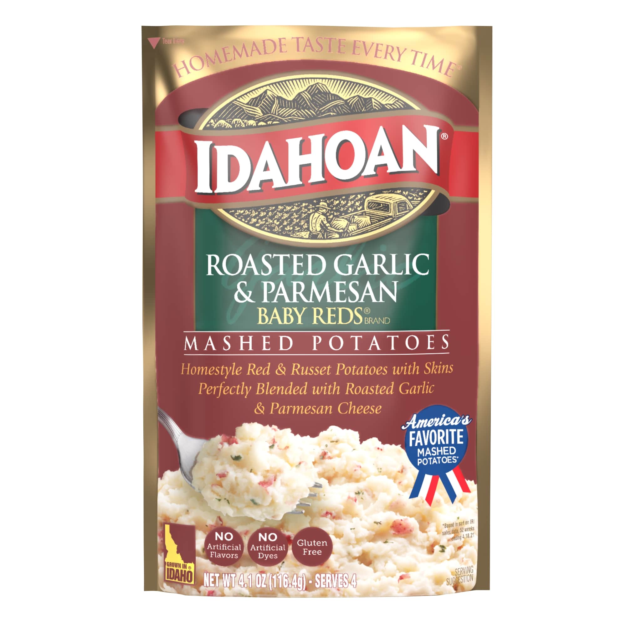 Idahoan Roasted Garlic and Parmesan Baby Reds Mashed Potatoes, 4.1 Ounce -- 10 per case.