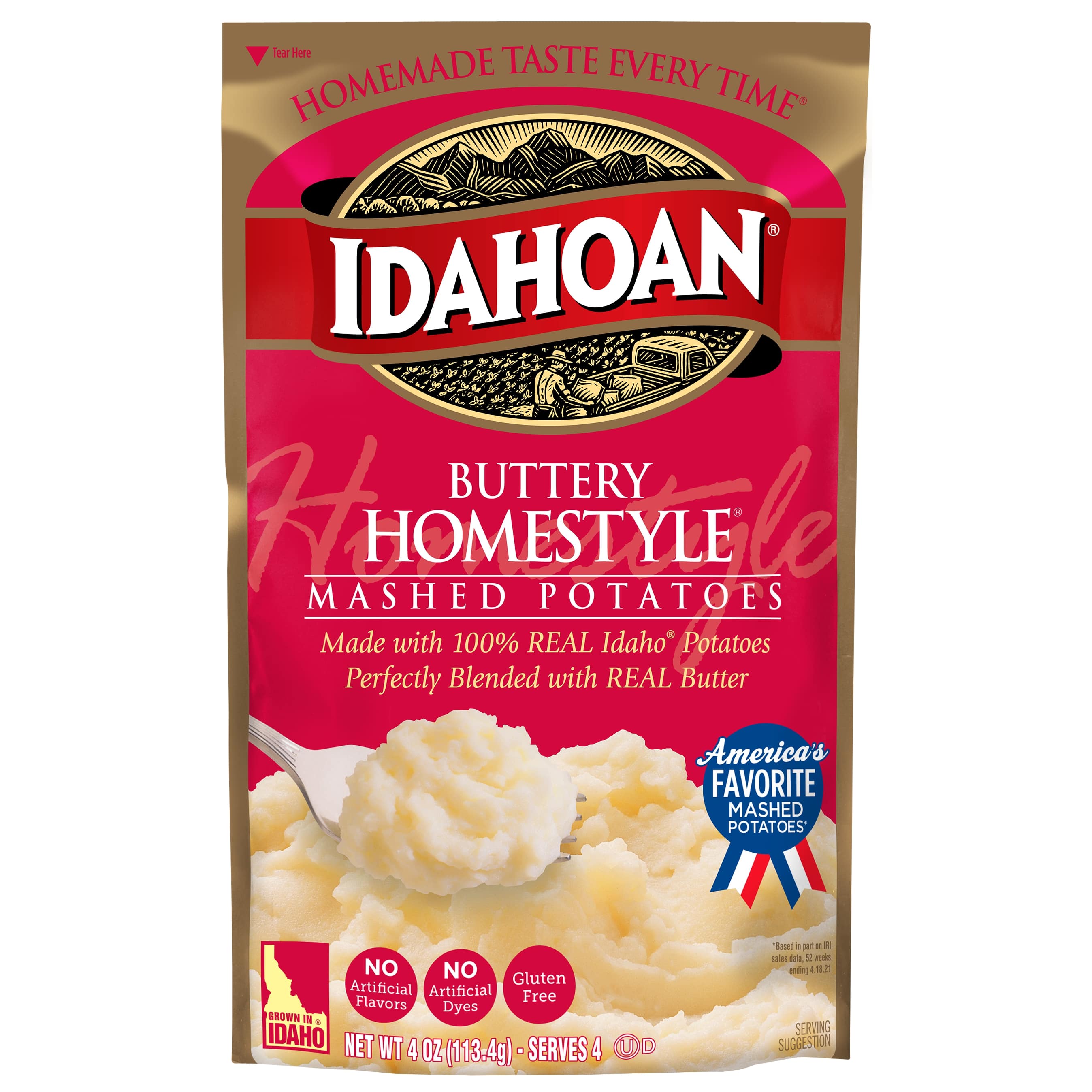 Idahoan Buttery Homestyle Mashed Potatoes, 4 Ounce Pouch -- 12 per case.