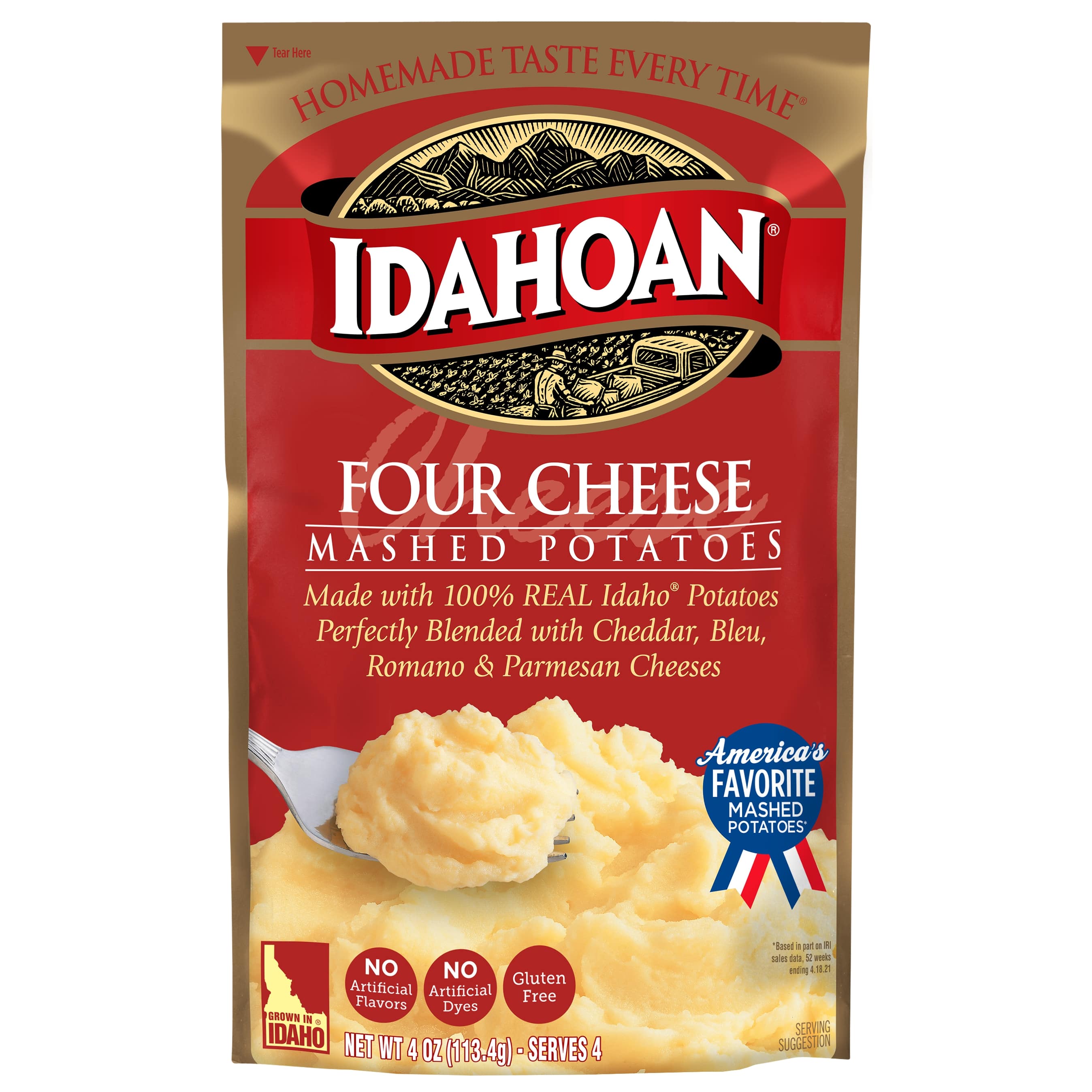 Idahoan Four Cheese Mashed Potatoes, 4 Ounce Pouch -- 12 per case.