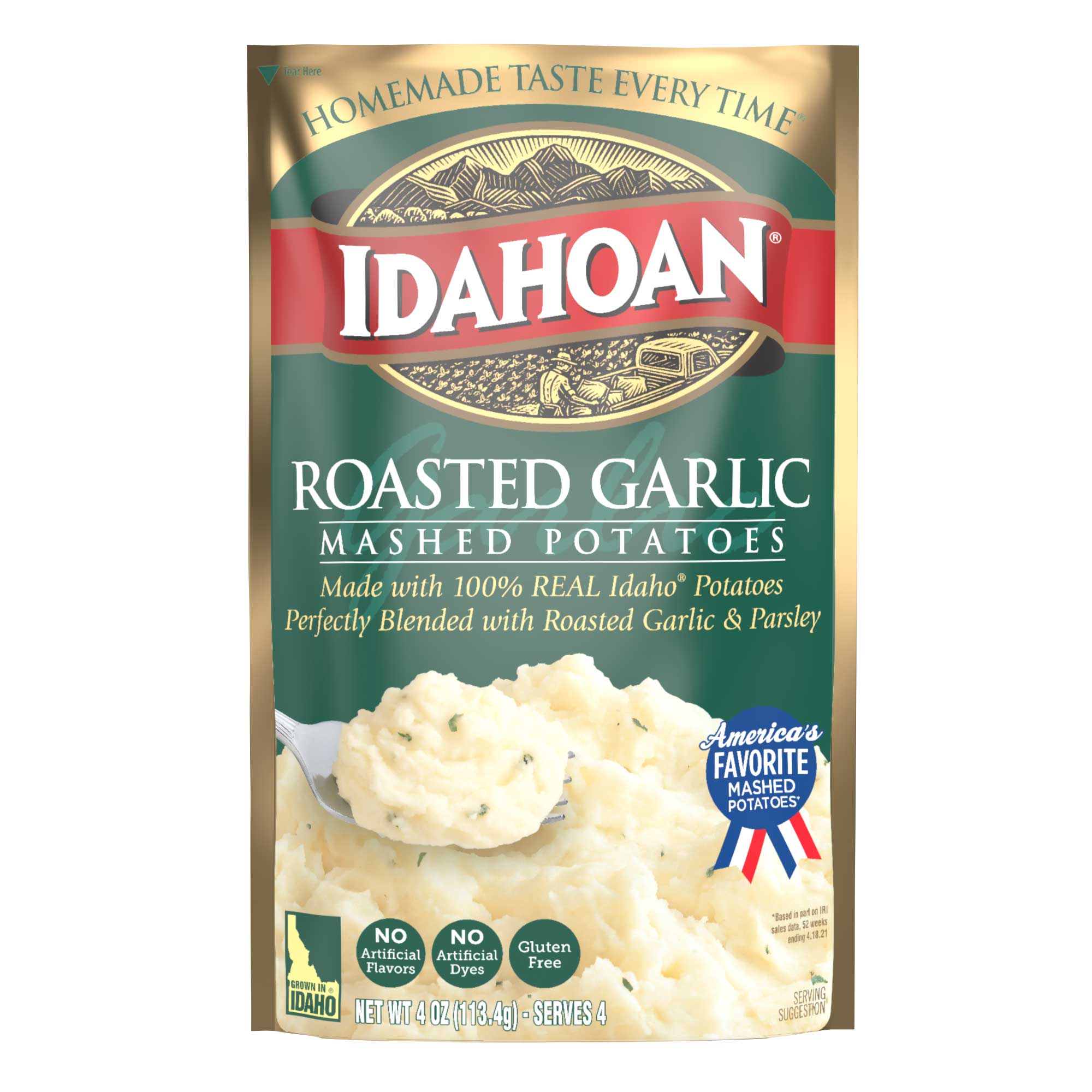 Idahoan Roasted Garlic Mashed Potatoes, 4 Ounce Pouch -- 12 per case.