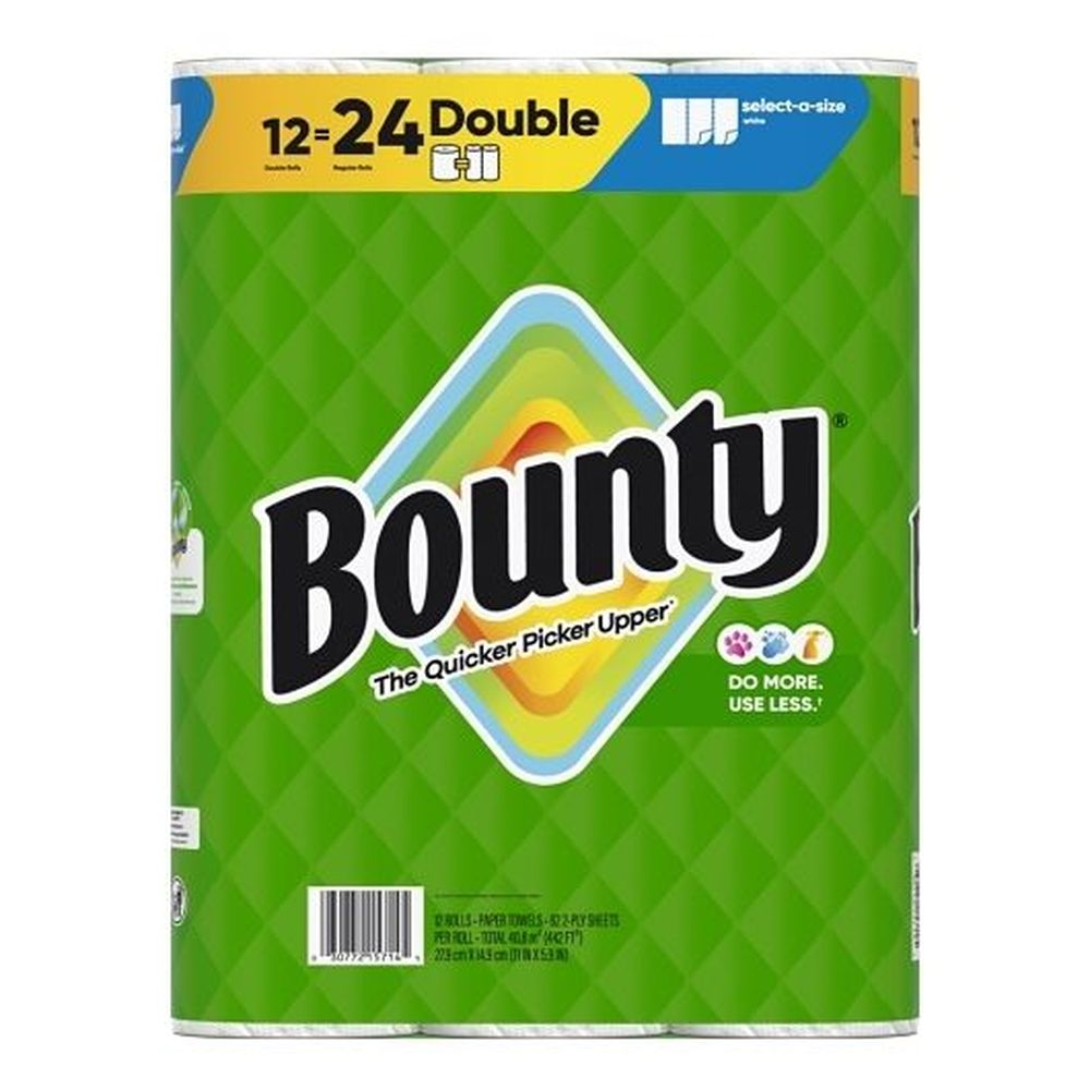 Bounty White Base 2 Ply Select A Size Paper Towel Roll, 12 Count