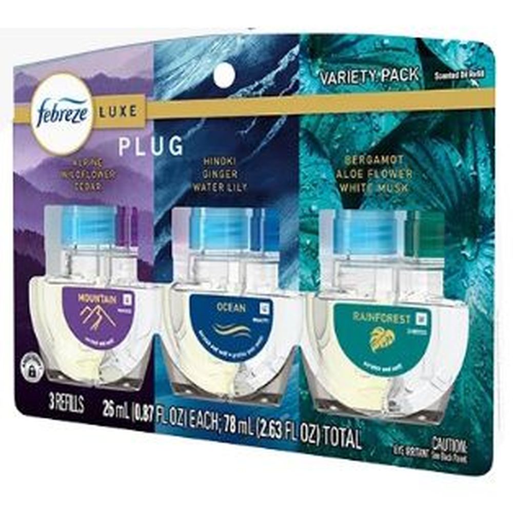 Febreze Plug Luxe Collection Energized Continuous Action 3 Refill Air Freshener - Variety Pack, 2.63 Fluid Ounce - 6 Per Case