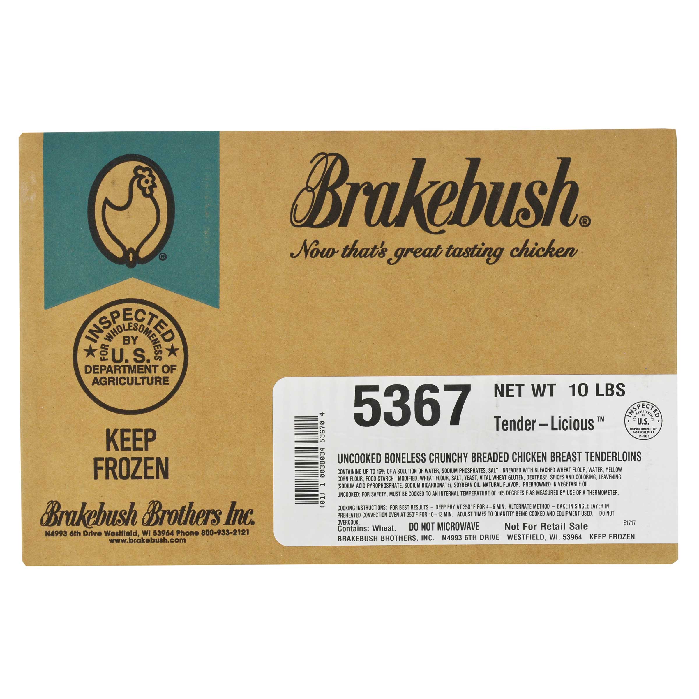Brakebush Panko Select J Crumb Line Flow Chicken Tenderloin, 10 Pound.