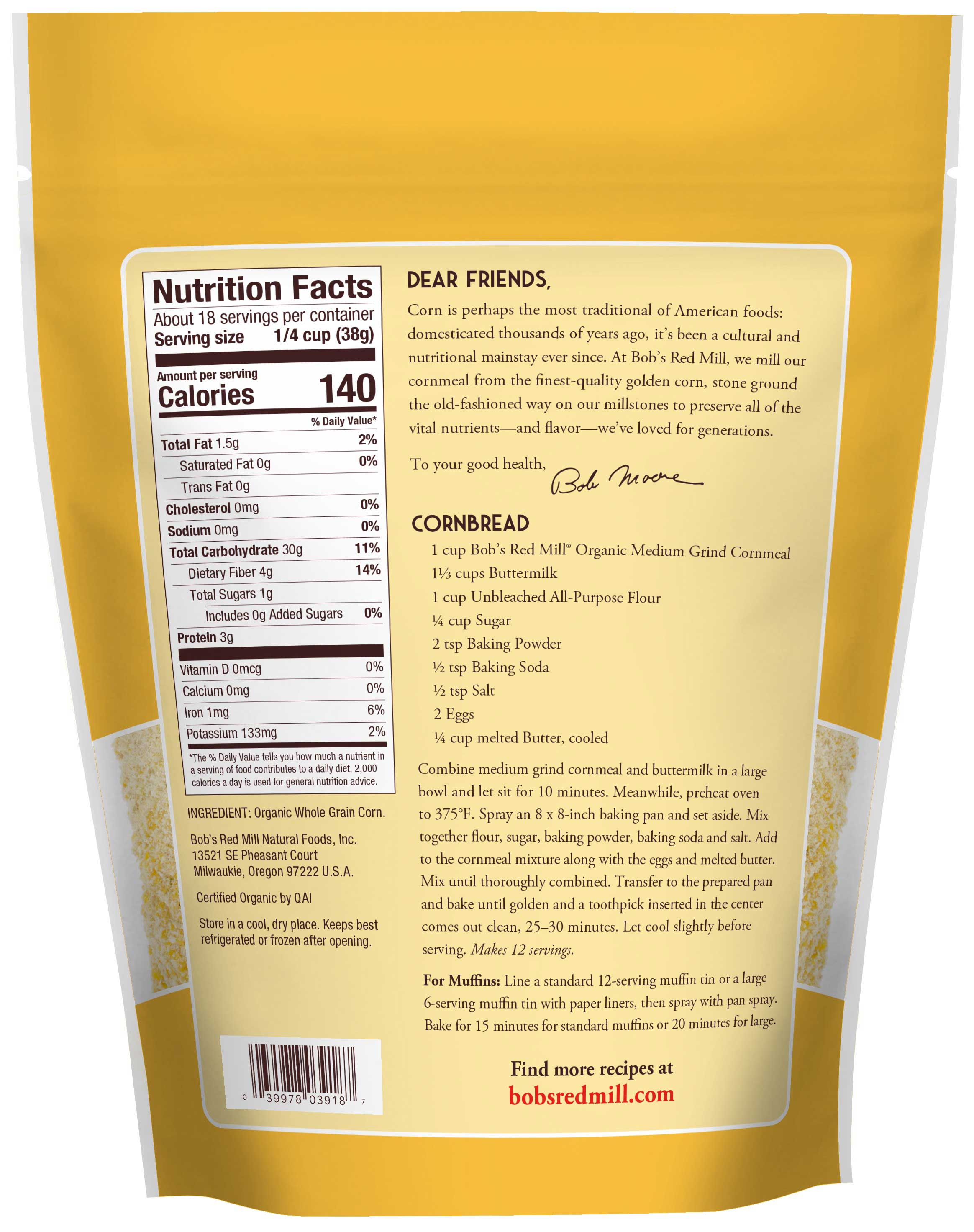 Bob's Red Mill Organic Medium Grind Cornmeal, 24 Ounce -- 4 Per Case