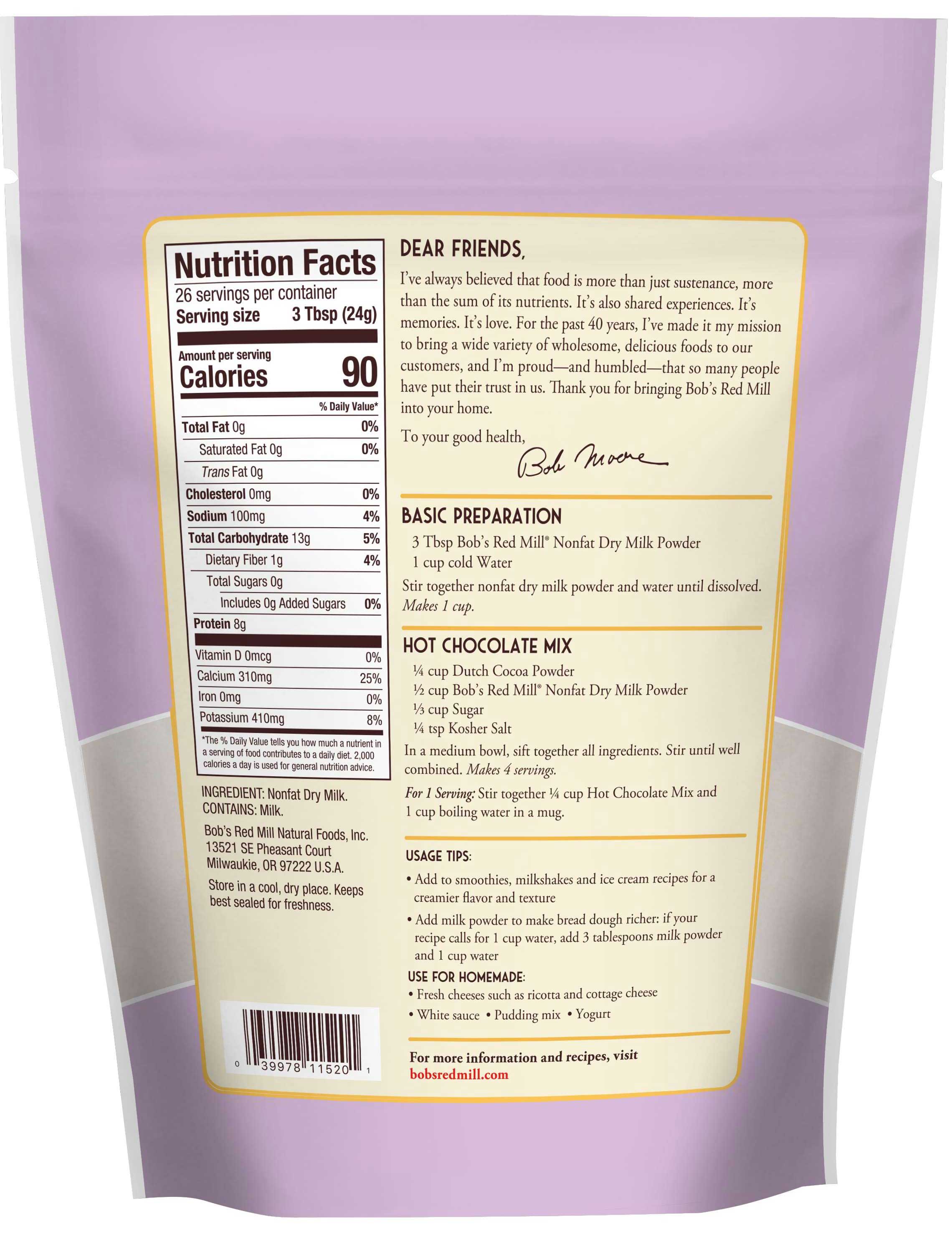 Bob's Red Mill Nonfat Dry Milk Powder, 22 Ounce -- 4 Per Case