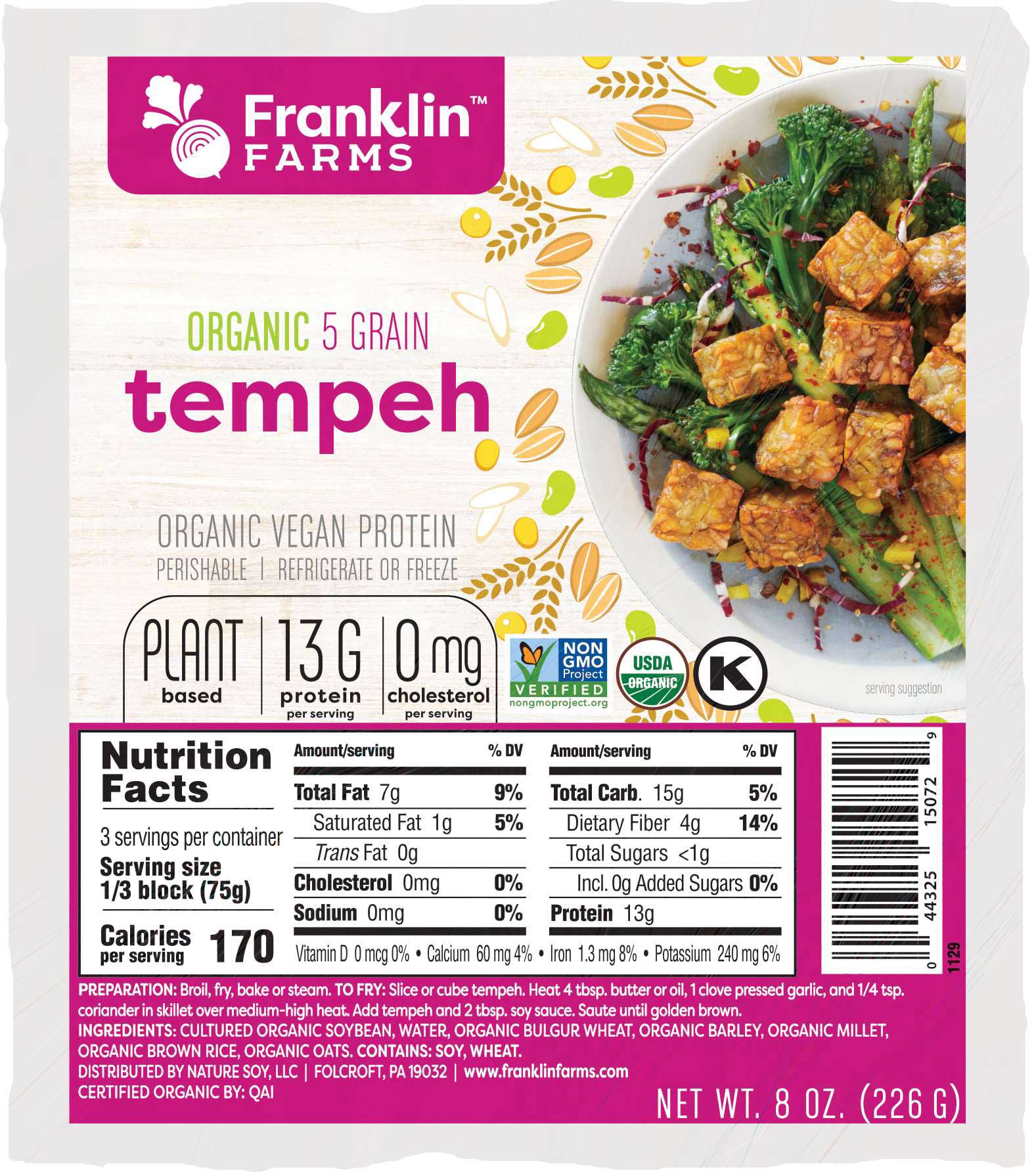 Franklin Farms Organic Five Grain Tempeh, 8 Ounce -- 12 Per Case