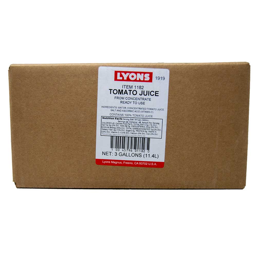 Lyons 100 Percent Tomato Juice, 3 Gallon Bib