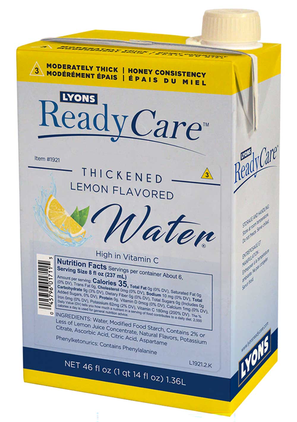Lyons Ready Care Level 3 Honey Lemon Flavored Thickened Water, 46 Fluid Ounce -- 6 Per Case