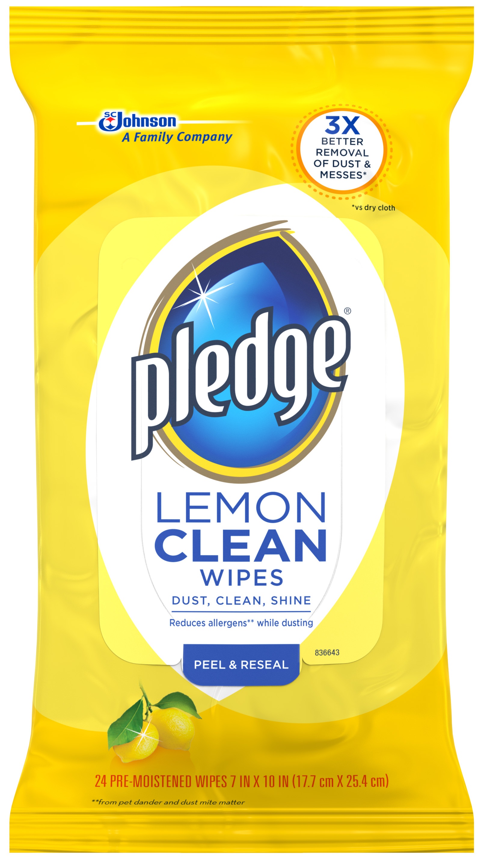 Pledge Lemon Peel And Reseal Clean Wipes, 24 Count -- 12 Per Case