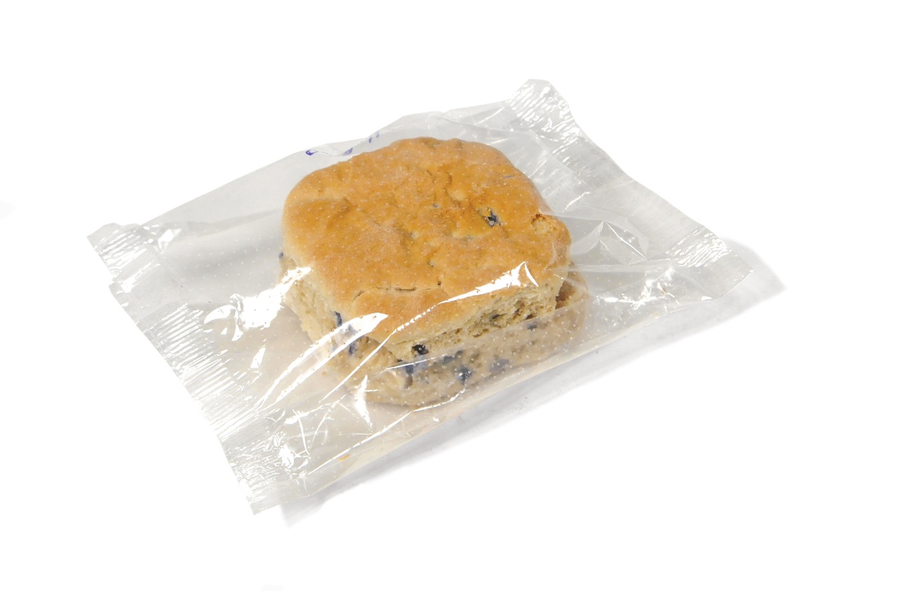 Bridgford Single Serve Individually Wrapped White Whole Wheat Blueberry Flavored Biscuits -- 72 per case.