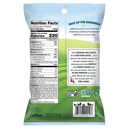 Harvest Snaps Tomato Basil Red Lentil Veggie Snack Crisps, 1.75 Ounce -- 36 Per Case