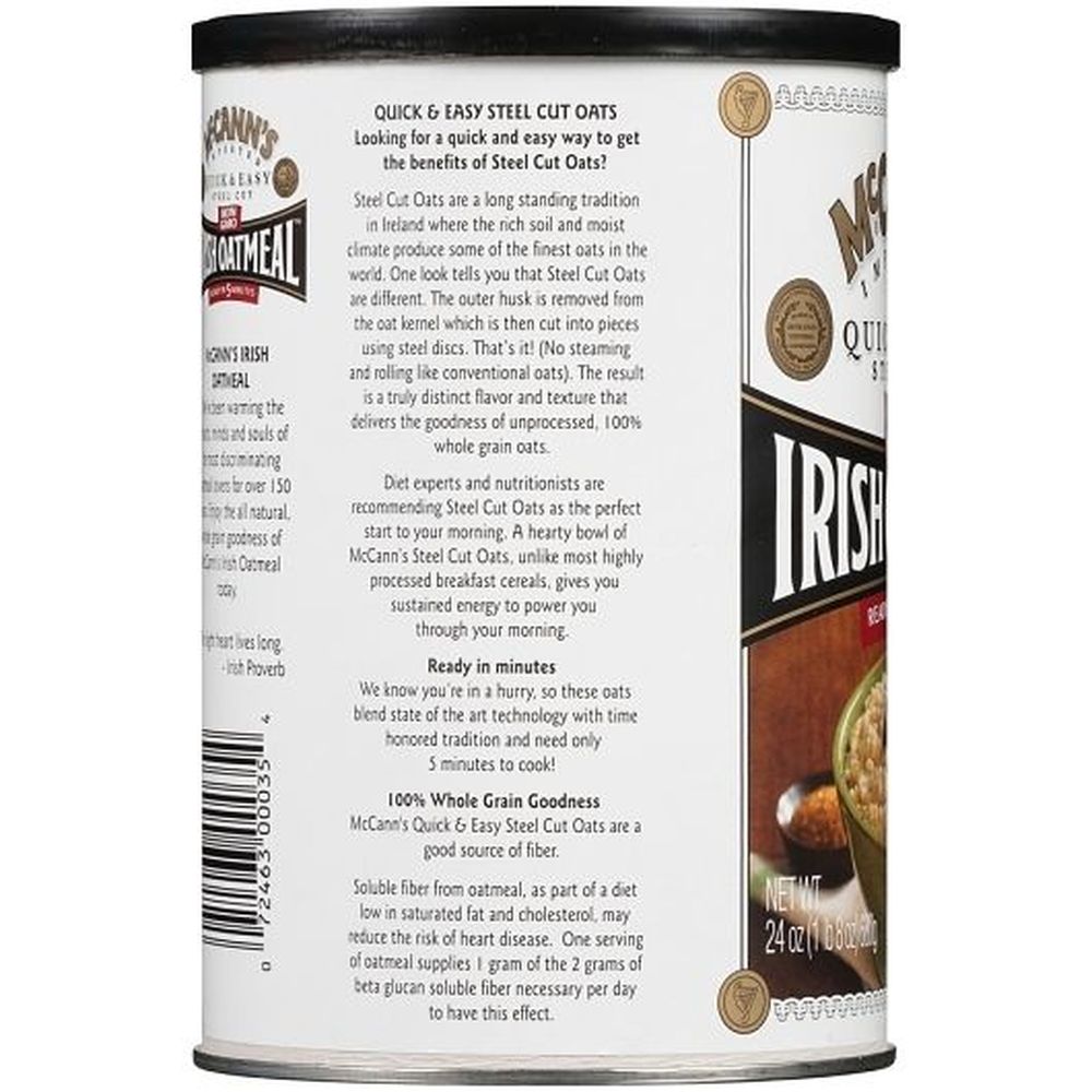 Mccann's Non Gmo Quick And Easy Steel Cut Irish Oats, 24 Ounce Canister -- 12 Per Case