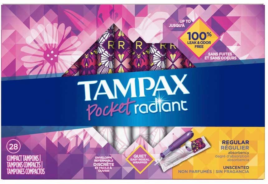 Tampax Pocket Radiant Regular Tampons, 28 Count -- 12 Per Case