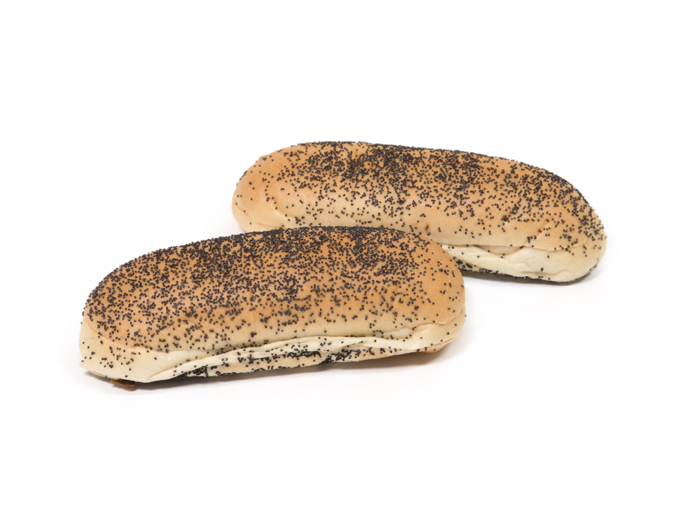 Rotellas Poppy Hinged Sliced Hot Dog Bun, 5.5 inch Length - 6 per pack -- 9 packs per case.