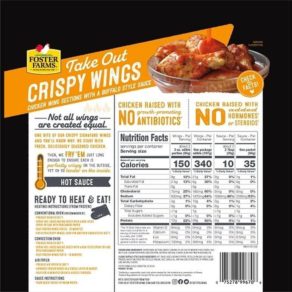 Foster Farms Take Out Crispy Wings With Classic Buffalo Style Sauce Packets, 16 Ounce -- 6 Per Case