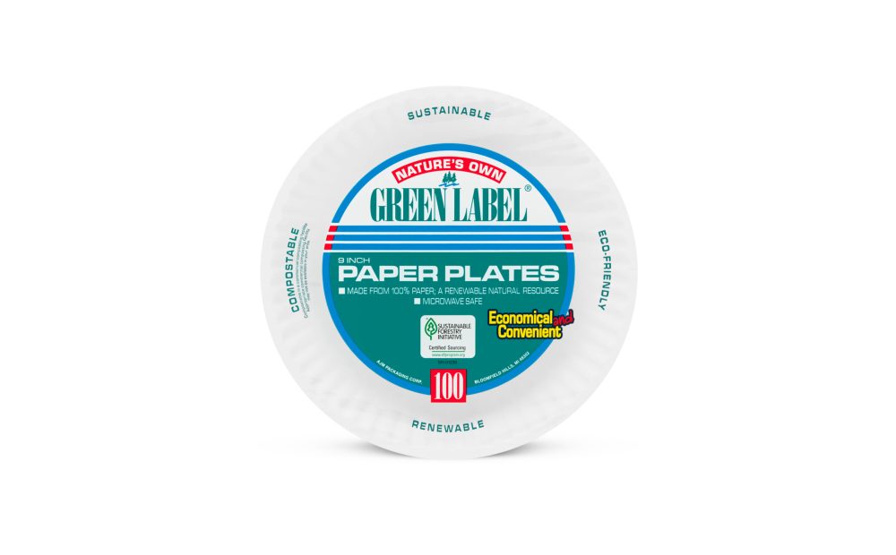 AJM Packaging White Uncoated Green Label Paper Plate, 9 inch 1000