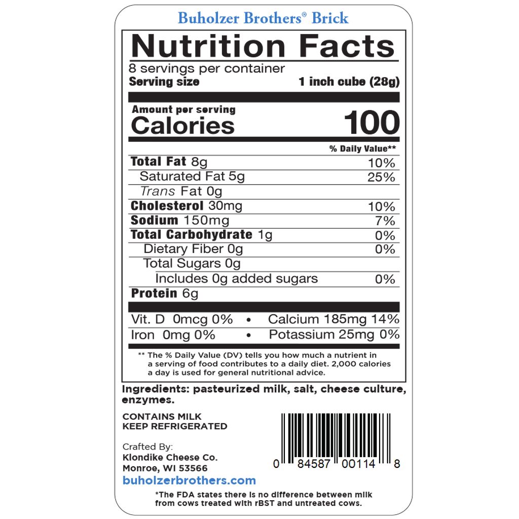 Buholzer Brothers Mellow And Rich Brick Cheese Chunk, 8 Ounce -- 12 Per Case