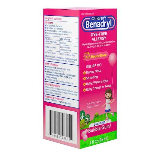 Benadryl Childrens Dye Free Allergy Liquid Bubblegum, 4 Fluid Ounce -- 36 Per Case