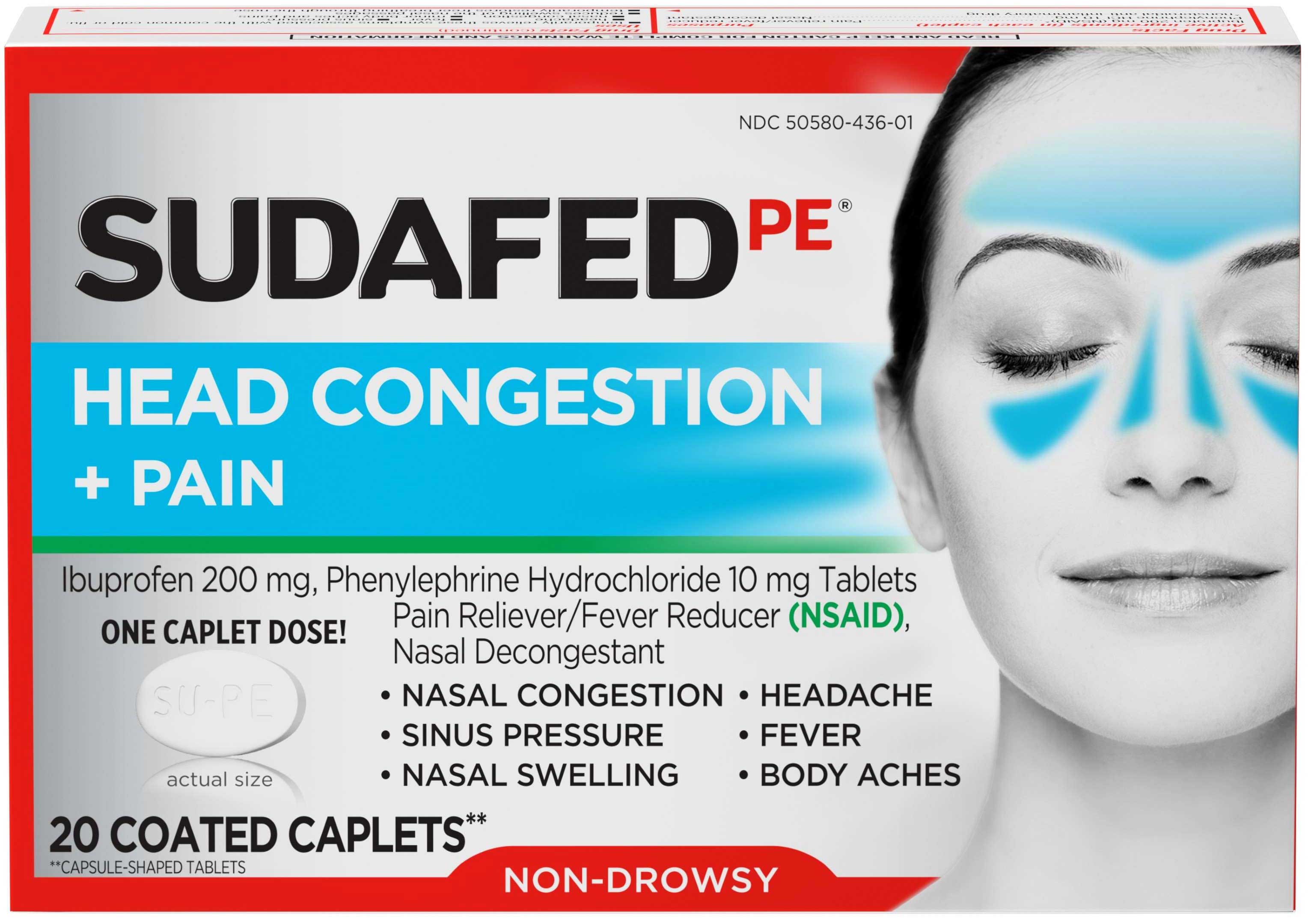 Sudafed PE Head Congestion Plus Pain Relief Tablets, 20 count per pack ...