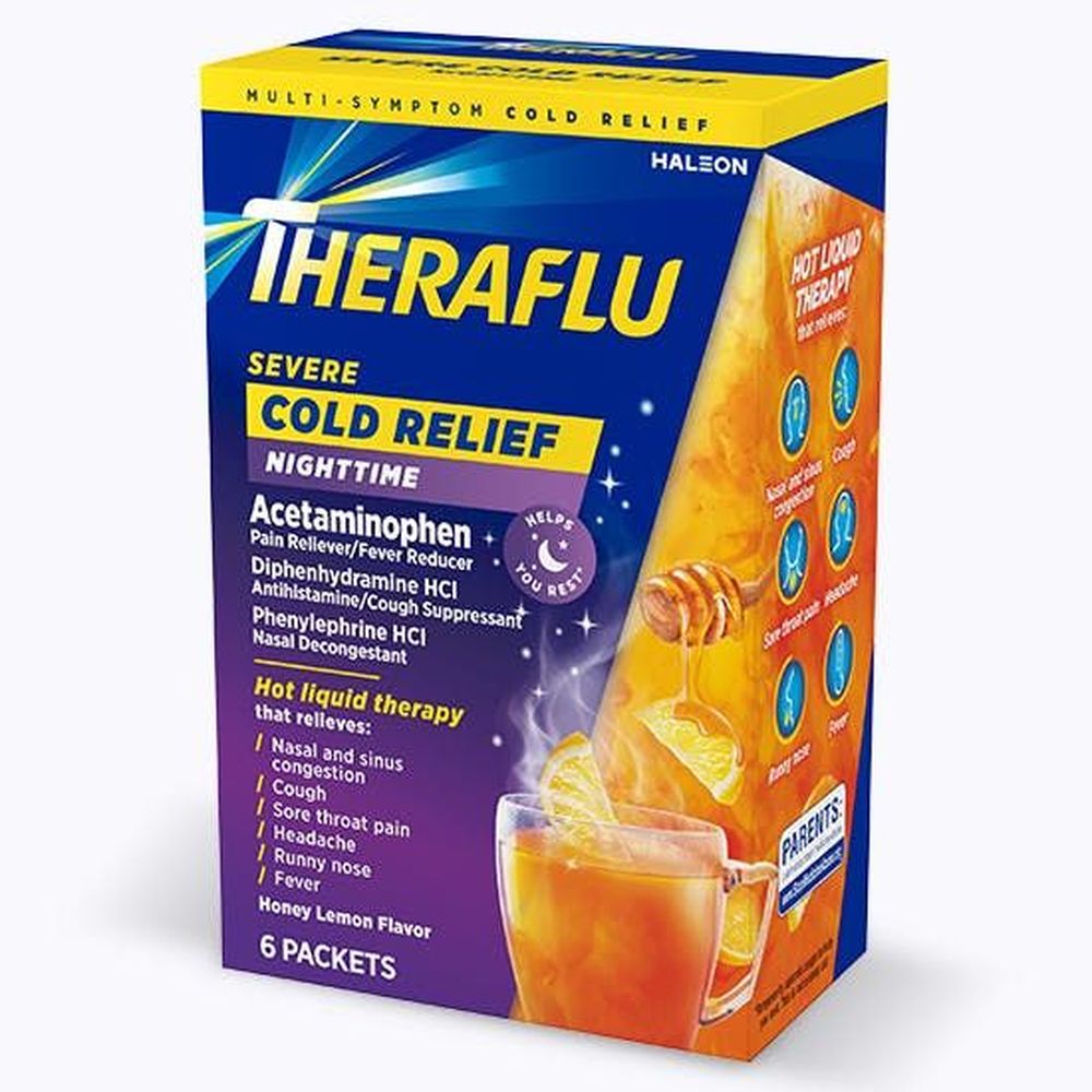 Theraflu Severe Cold Relief Nighttime Honey Lemon Powder, 6 Count -- 24 Per Case