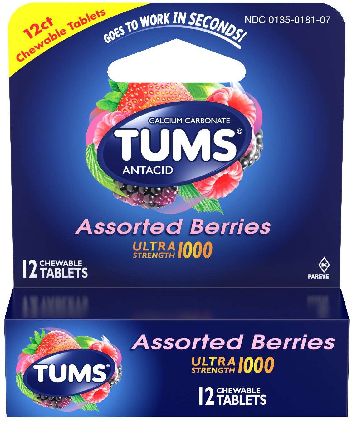 Tums Ultra Strength 1000 Assorted Berry Chewable Tablet, 12 Count -- 36 Per Case
