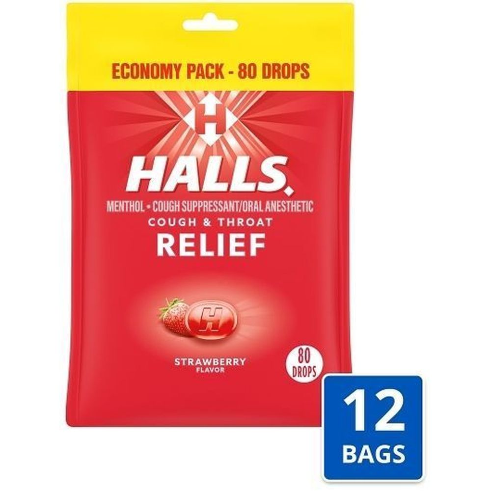 Halls Strawberry Cough Drops, Eco Bag, 80 Count -- 12 Per Case