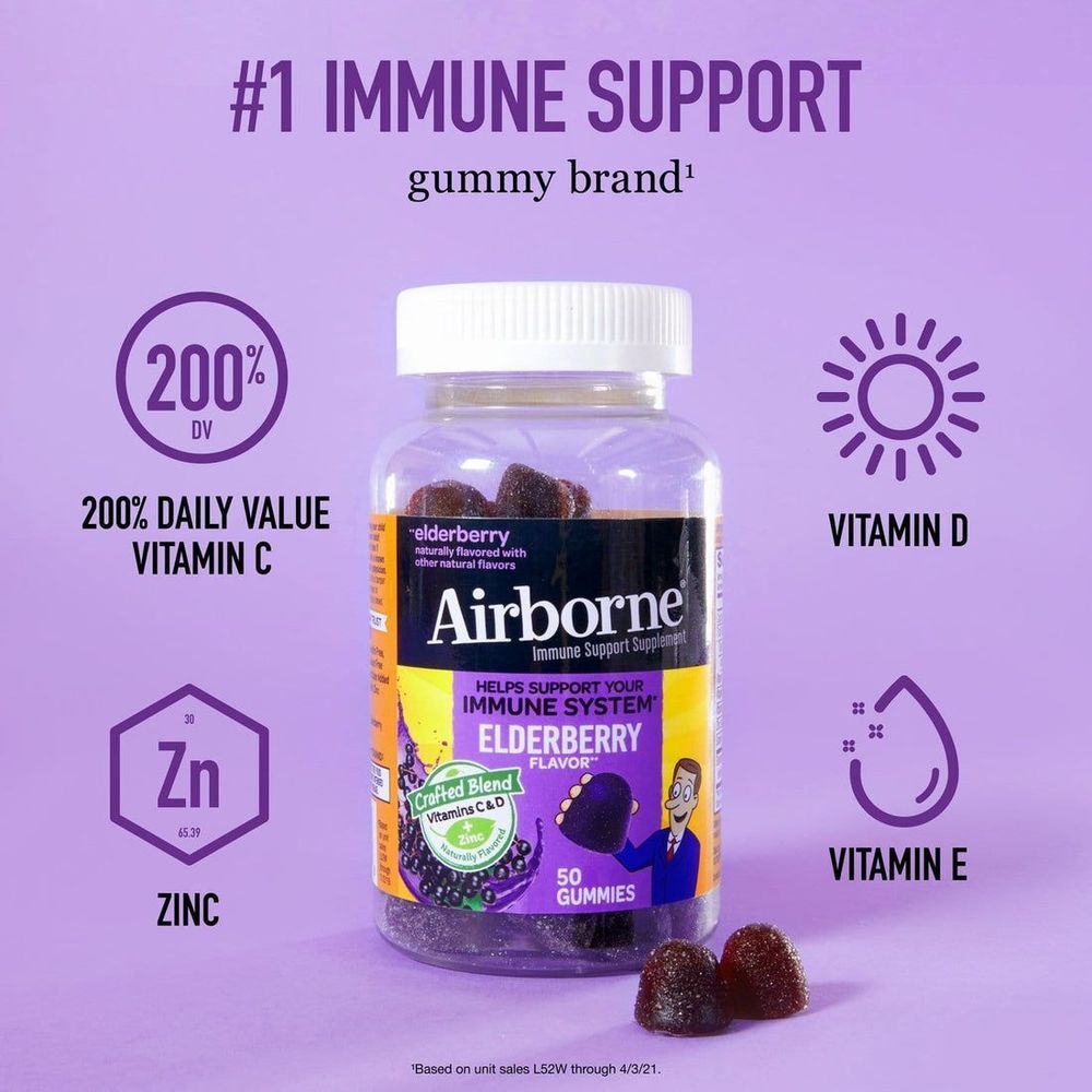 Airborne Vitamin C D E Zinc And Immune Supplement Elderberry Gummies, 50 Count -- 24 Per Case