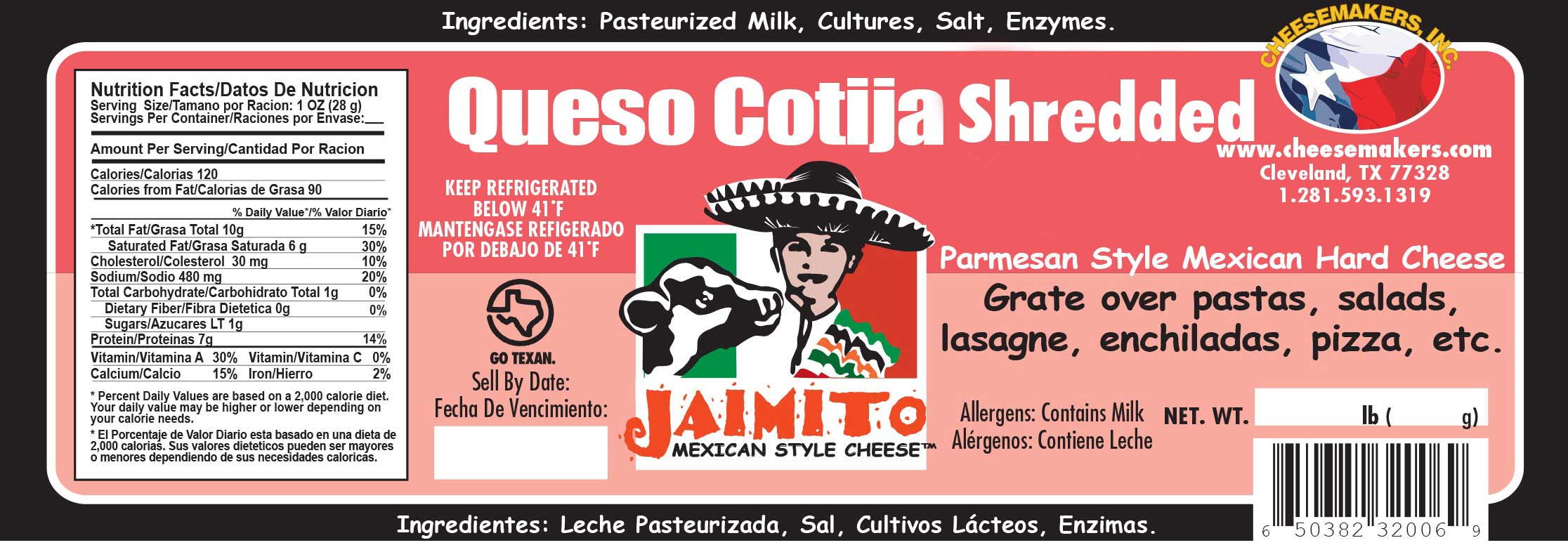 Jaimito Mexican Style Cheese Queso Cotija Shredded Cheese, 5 Pound -- 2 Per Case