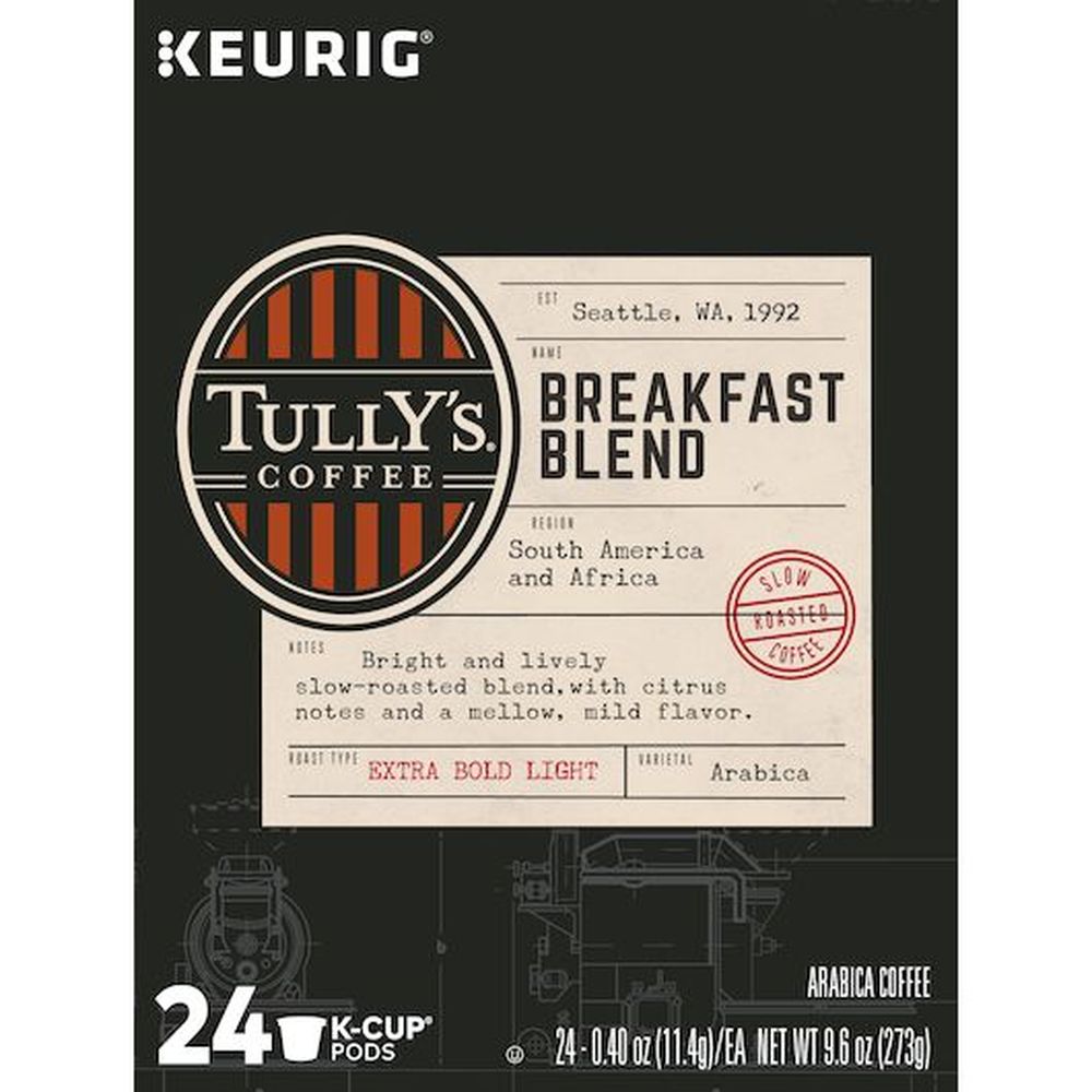Tullys Breakfast Blend K Cup Coffee Pod, 24 Count -- 4 Per Case
