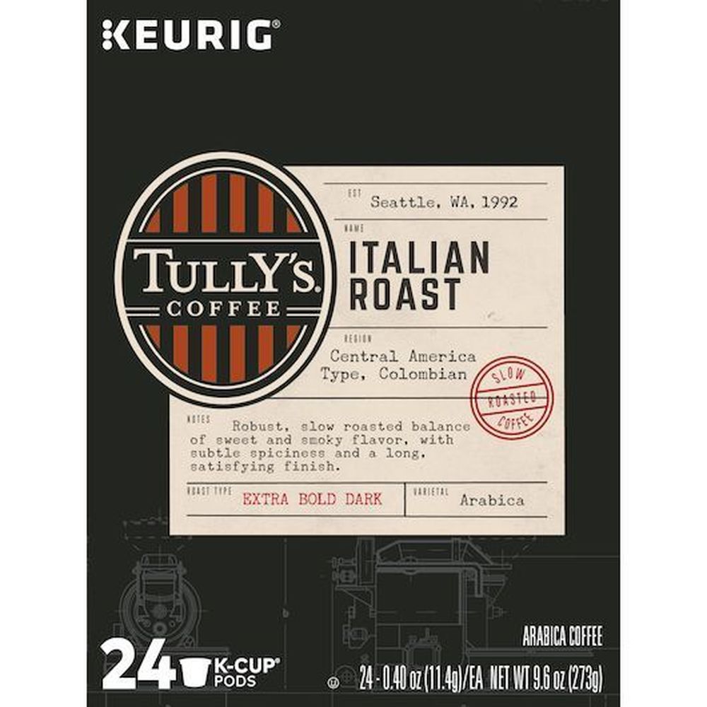 Tully's Italian Dark Roast K Cup Coffee Pod, 24 Count -- 4 Per Case