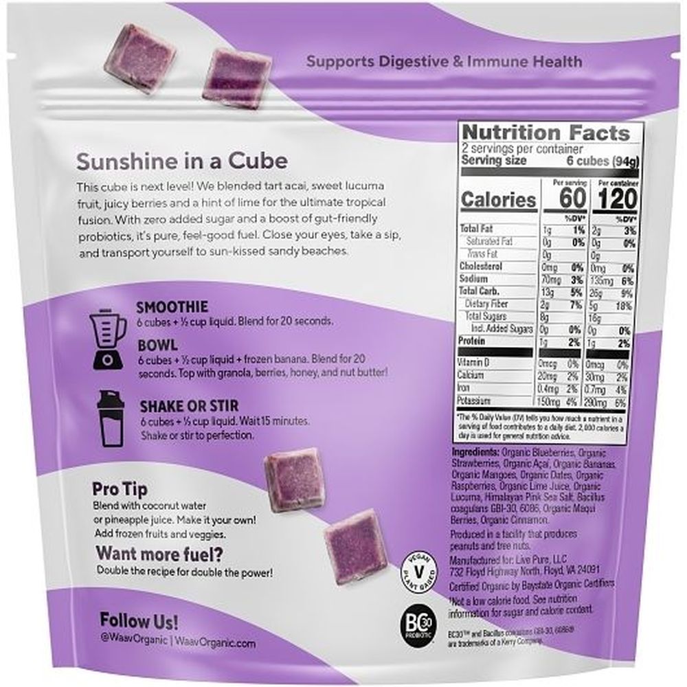 Waav Organic Acai Tropical Boost Smoothie Cubes, 12 Count -- 6 Per Case