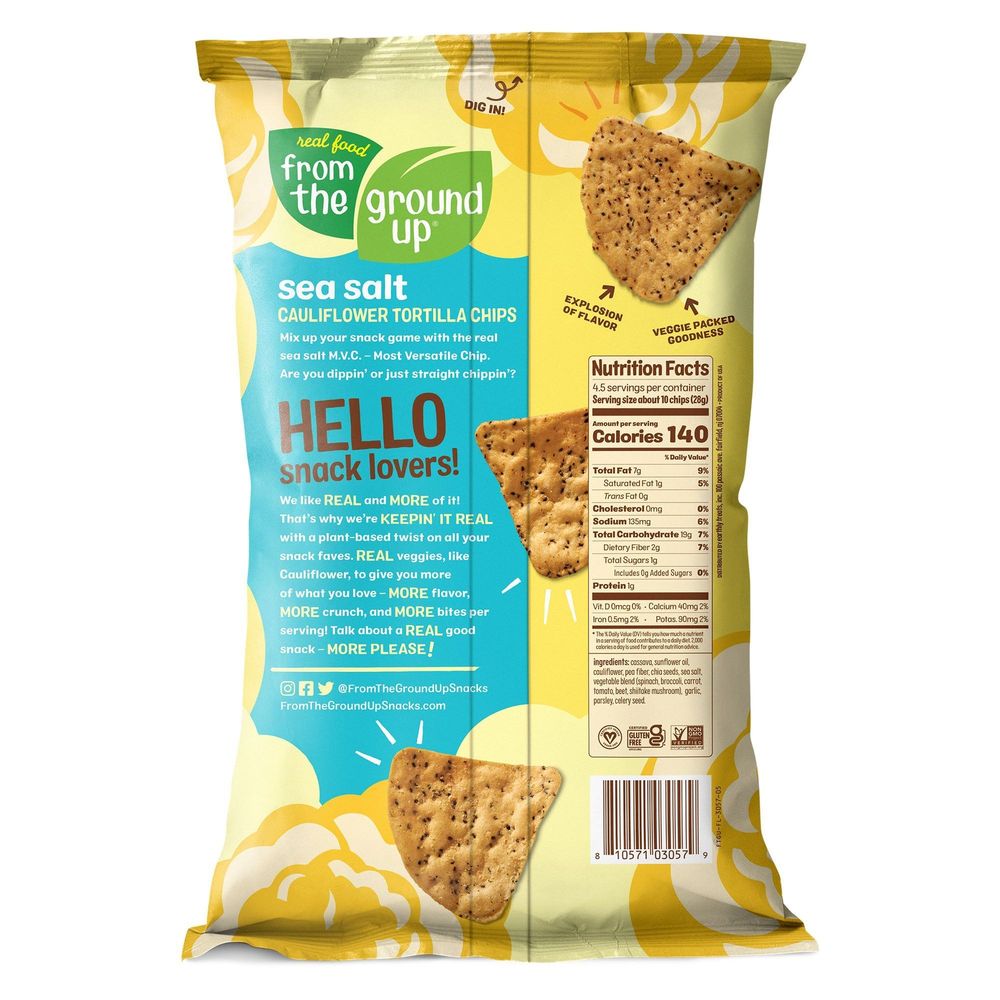 From The Ground Up Sea Salt Cauliflower Tortilla Chips, 4.5 Ounce -- 12 Per Case