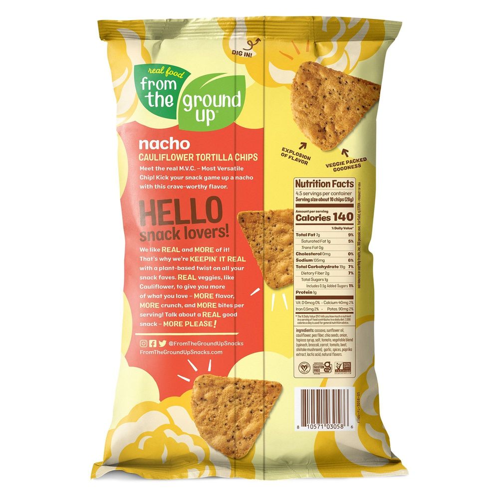 From The Ground Up Nacho Cauliflower Tortilla Chips, 4.5 Ounce -- 12 Per Case