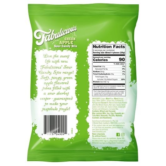 Darrell Lea Fabulicious Green Apple Sour Gummy Candy Stix, 7 Ounce -- 8 Per Case