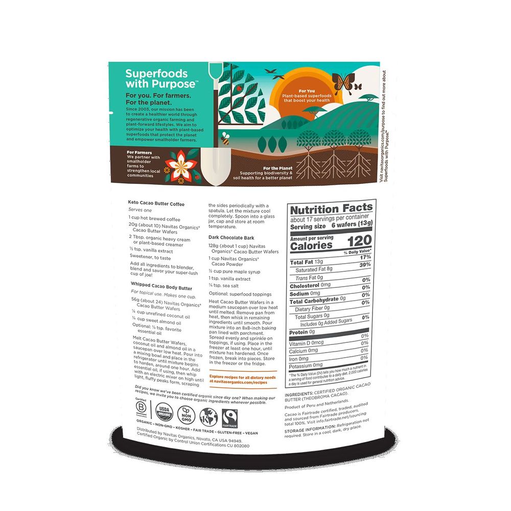 Navitas Organics Cacao Butter Wafer, 8 Ounce -- 6 Per Case
