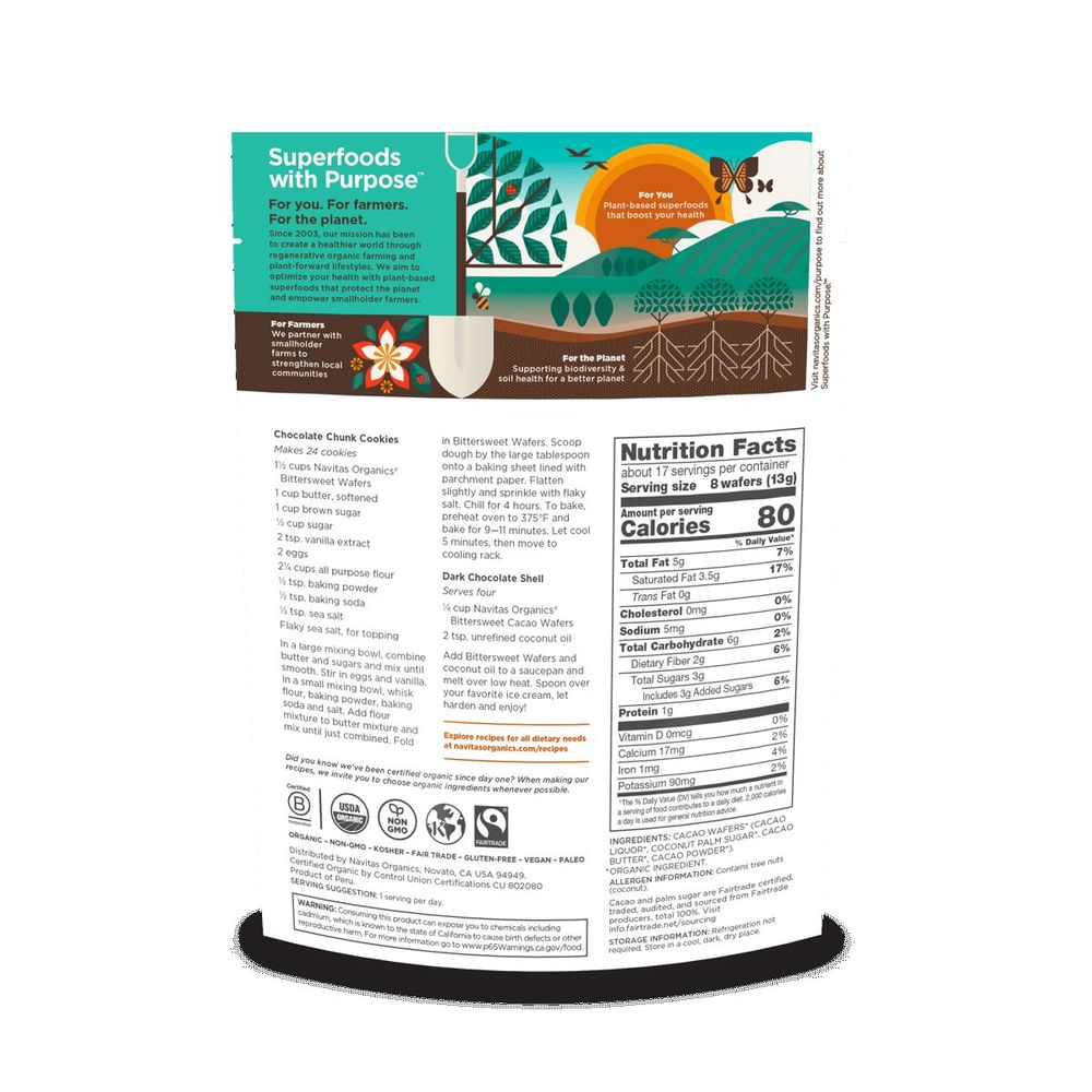 Navitas Organics Bittersweet Cacao Wafers, 8 Ounce -- 6 Per Case