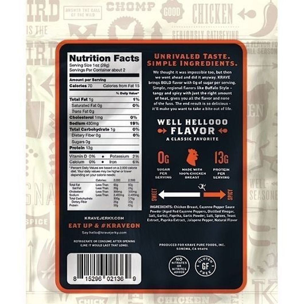 Krave Zero Sugar Buffalo Style Chicken, 2.1 Ounce -- 8 Per Case