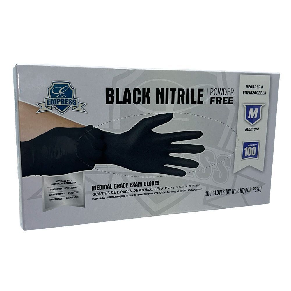 Empress Black Medium Exam Grade Powder Free Nitrile Gloves -- 1000 Per Case