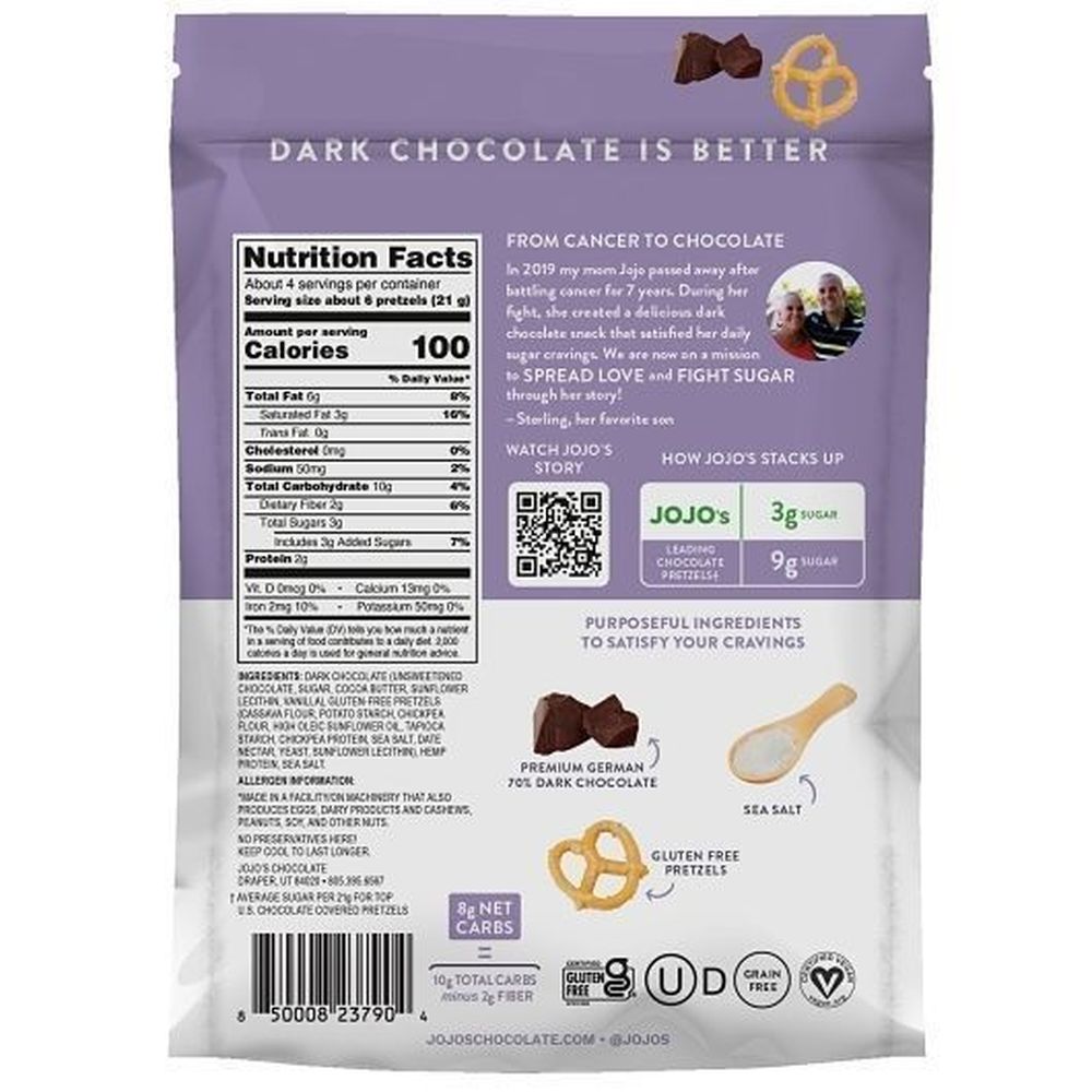 Jojos Dark Chocolate Covered Pretzels, 3 Ounce -- 6 Per Case