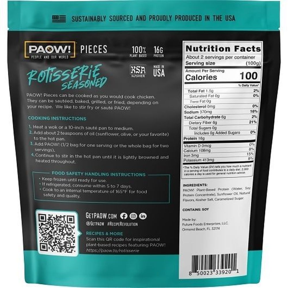 Paow Rotisserie Seasoned Plant-based Protein Pieces, 8 Ounce -- 6 Per Case