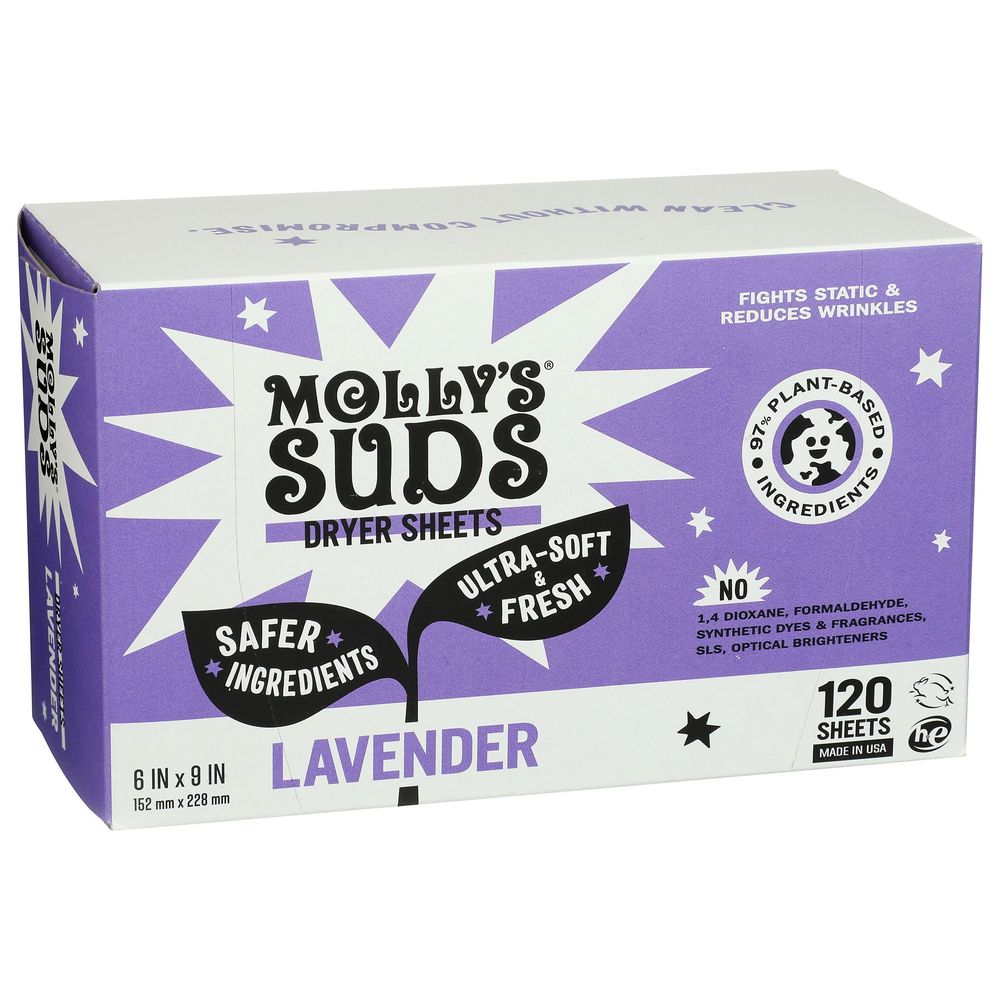 Mollys Suds Lavender Plant Based Fabric Softener Dryer Sheets, 120 Count -- 6 Per Case