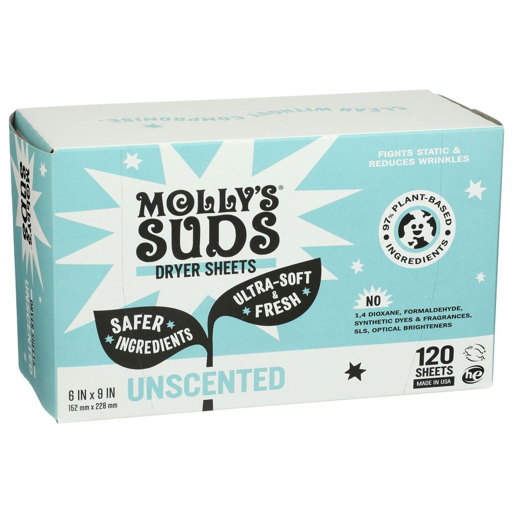 Mollys Suds Unscented Plant Based Fabric Softener Dryer Sheets, 120 Count -- 6 Per Case